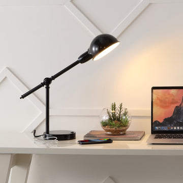 Curtis 20.25" Vintage Industrial Iron Adjustable Dome Shade LED Task Lamp with USB Charging Port - JONATHAN Y